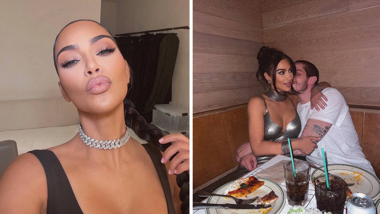 Kim Kardashian airkissing the camera. Right: Kim Kardashian and Pete Davidson cuddling at a dinner table.