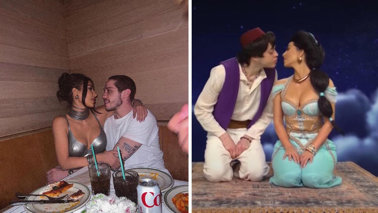 Kim Kardashian and Pete Davidson at a restaurant. Kim Kardashian and Pete Davidson dressed as Princess Jasmine and Aladdin on SNL.
