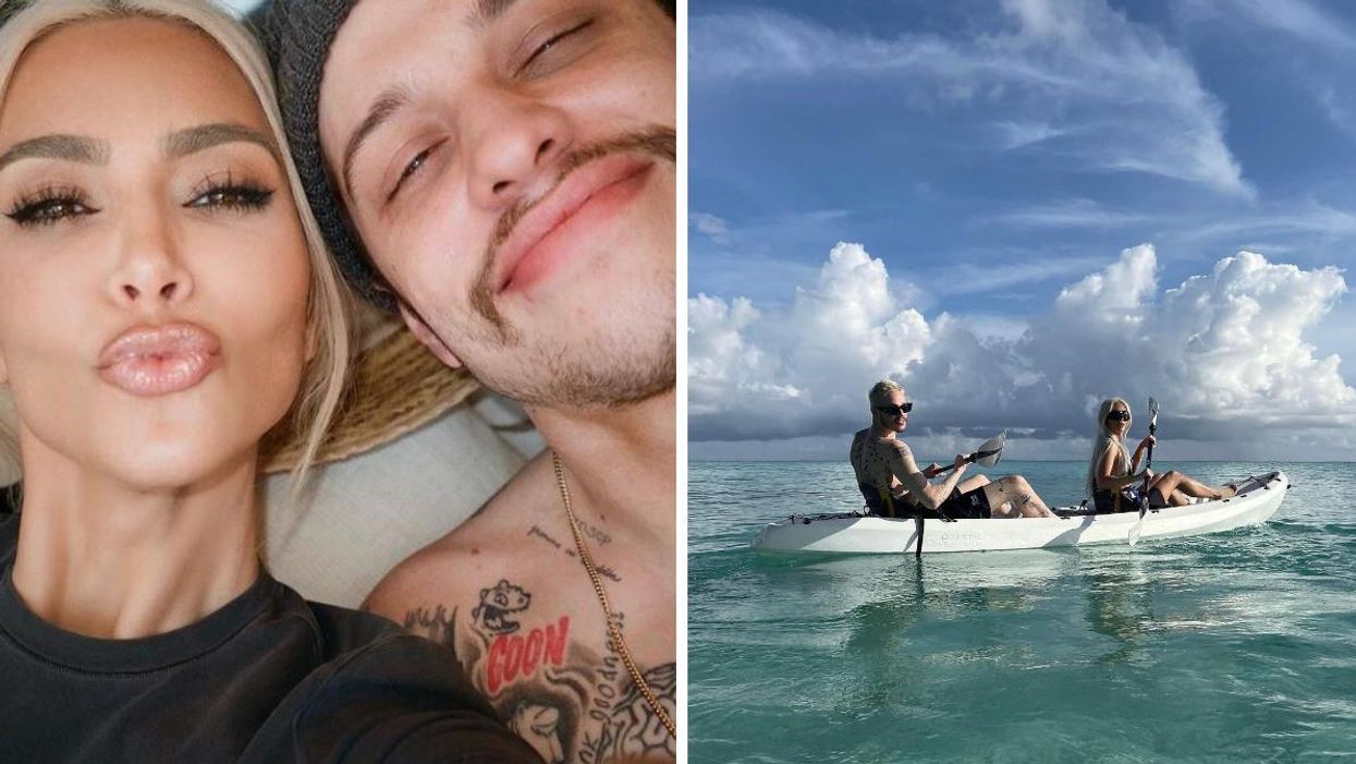 Kim Kardashian and Pete Davidson. Right: Kim Kardashian and Pete Davidson on a Kayak.