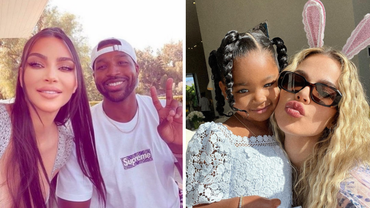 Kim Kardashian and Tristan Thompson. Right: True Thompson and Khloe Kardashian.