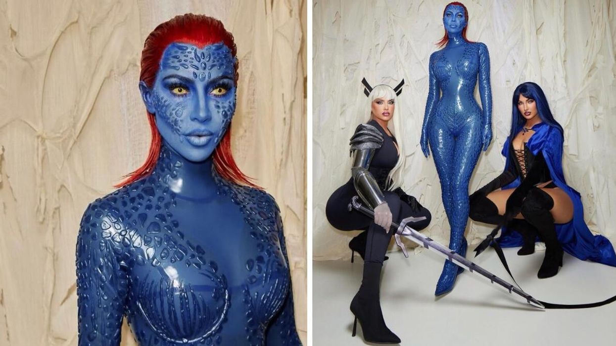 Kim Kardashian in her Halloween costume. Right: Kim Kardashian with Olivia Pierson and Natalie Halcro.
