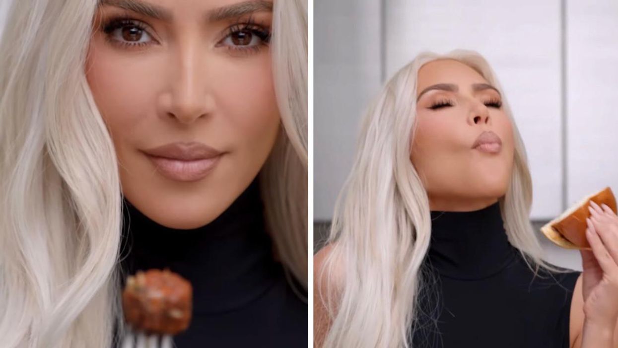 Kim Kardashian in the Beyond Meat ad holding a meatball. Right: Kim Kardashian holding a burger in the ad.