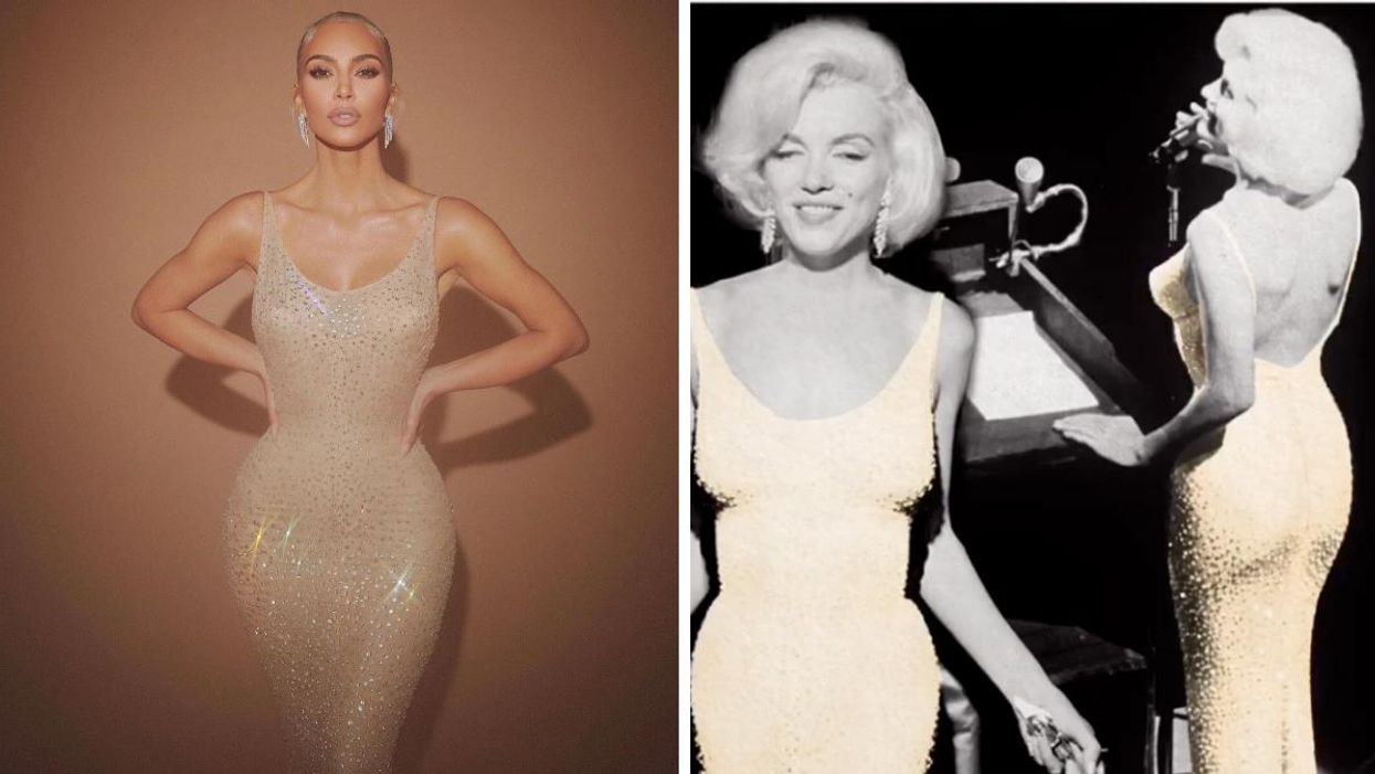 Kim Kardashian on the Met Gala red carpet. Right: Marilyn Monroe at the Madison Square Garden fundraiser.