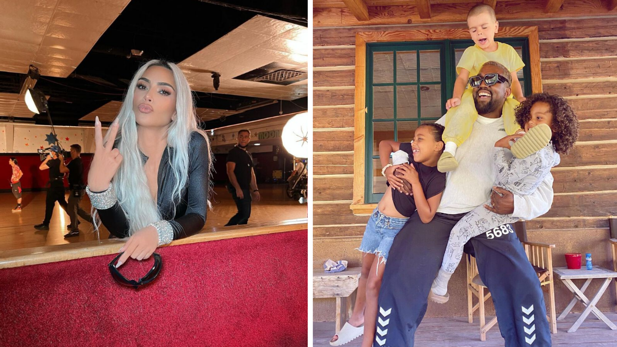 Kim Kardashian. Right: Kanye West with two of his kids and Kourtney Kardashian's son.