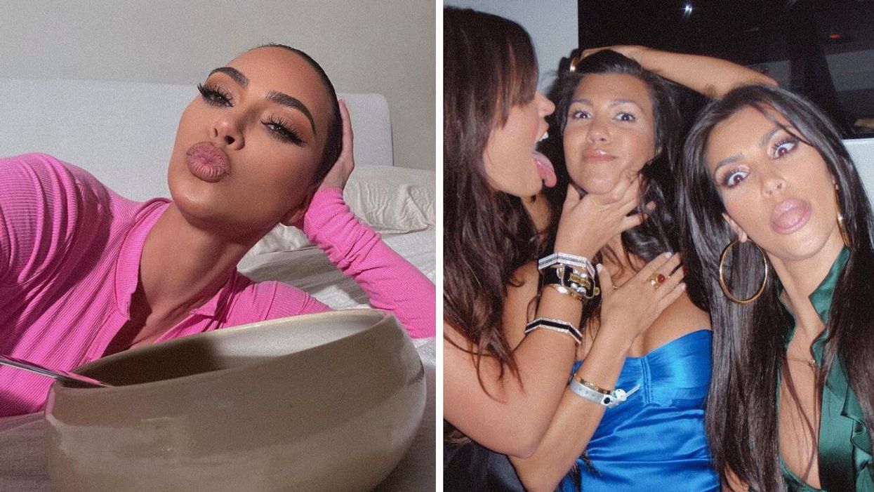 Kim Kardashian. Right: Kim Kardashian with her sisters.