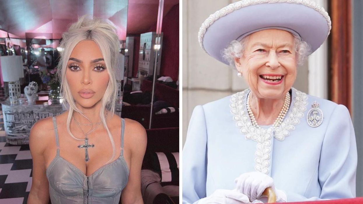 Kim Kardashian. Right: Queen Elizabeth II.