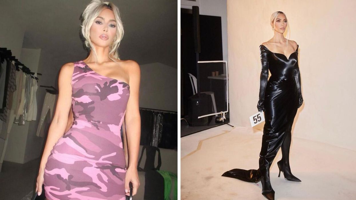 Kim Kardashian wearing Balenciaga. Right: Kim Kardashian walking for a Balenciaga show.