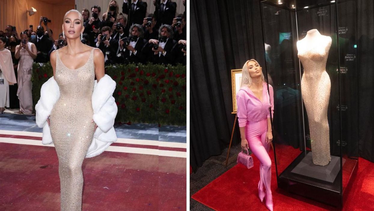 Kim Kardashian wearing Marilyn Monroe's dress. Right: Kim Kardashian standing with Marilyn Monroe's dress.
