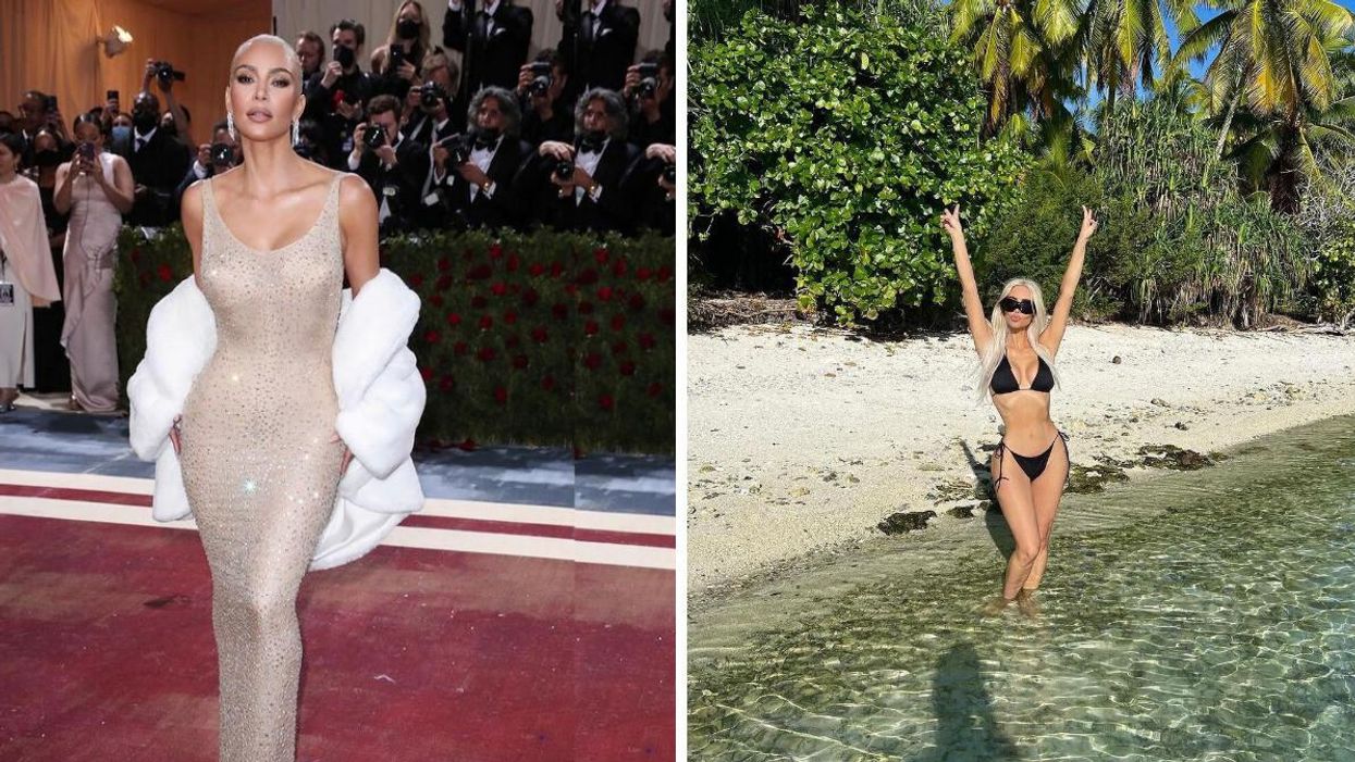 Kim Kardashian wearing Marilyn Monroe's dress to the Met Gala. Right: Kim Kardashian showing off her body.