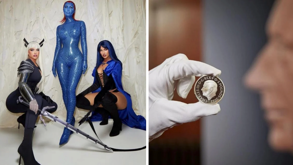 Kim Kardashian with Olivia Pierson and Natalie Halcro. Right: A 50 pence coin featuring King Charles III.