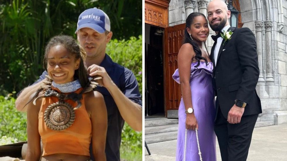 Kimberley Fortin souriant et portant un collier. Droite : Kimberley Fortin souriant avec son conjoint devant une \u00e9glise.