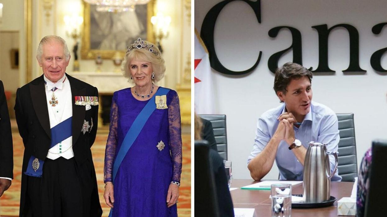 King Charles and Camilla. Right: Justin Trudeau.