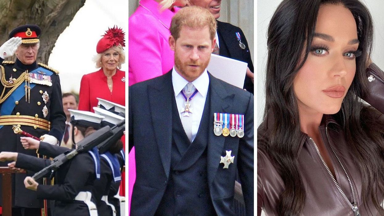 King Charles III and Camilla, the Queen Consort. Middle: Prince Harry. Right: Katy Perry.