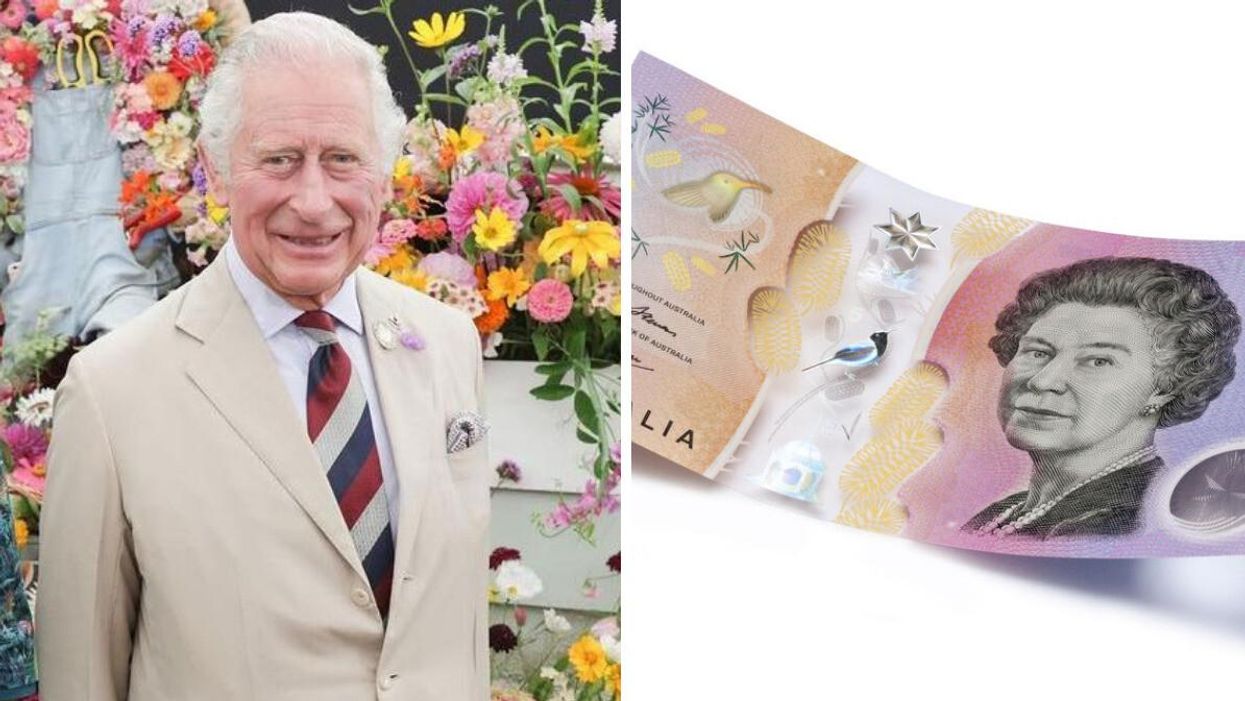 King Charles III at the Sandringham Flower Show. Right: A five-dollar Australian banknote.
