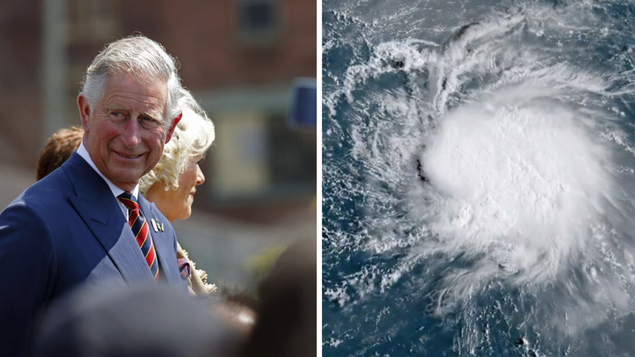 King Charles III during a previous visit to Canada. Right: satellite imagery of Hurricane Fiona.