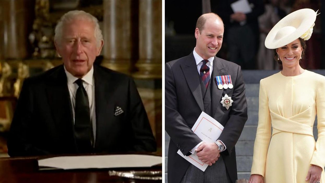 King Charles III in his first public address. Right: Prince William and Kate Middleton.