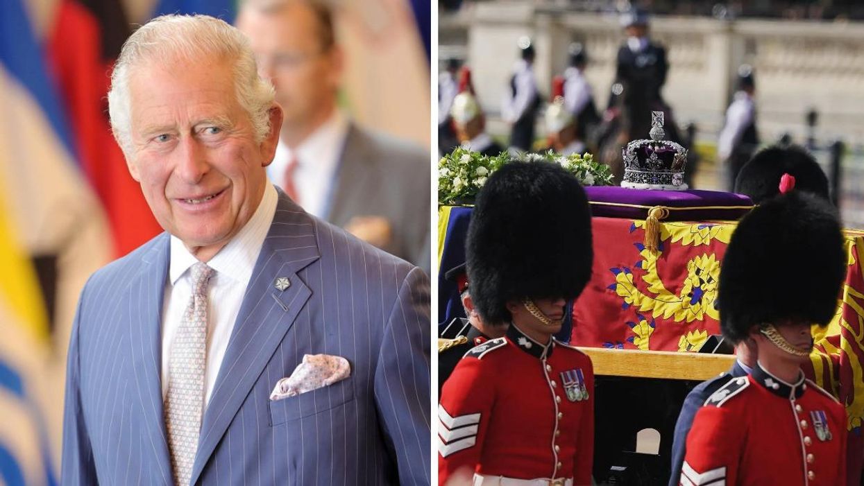 King Charles III. Right: The queen's crown on her coffin.