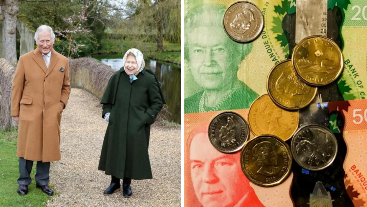 King Charles III with his late mother, Queen Elizabeth II. Right: Canadian currency featuring the image of the late queen.