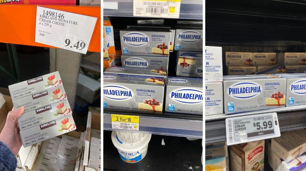 kirkland cream cheese and philadelphia cream cheese on display at stores