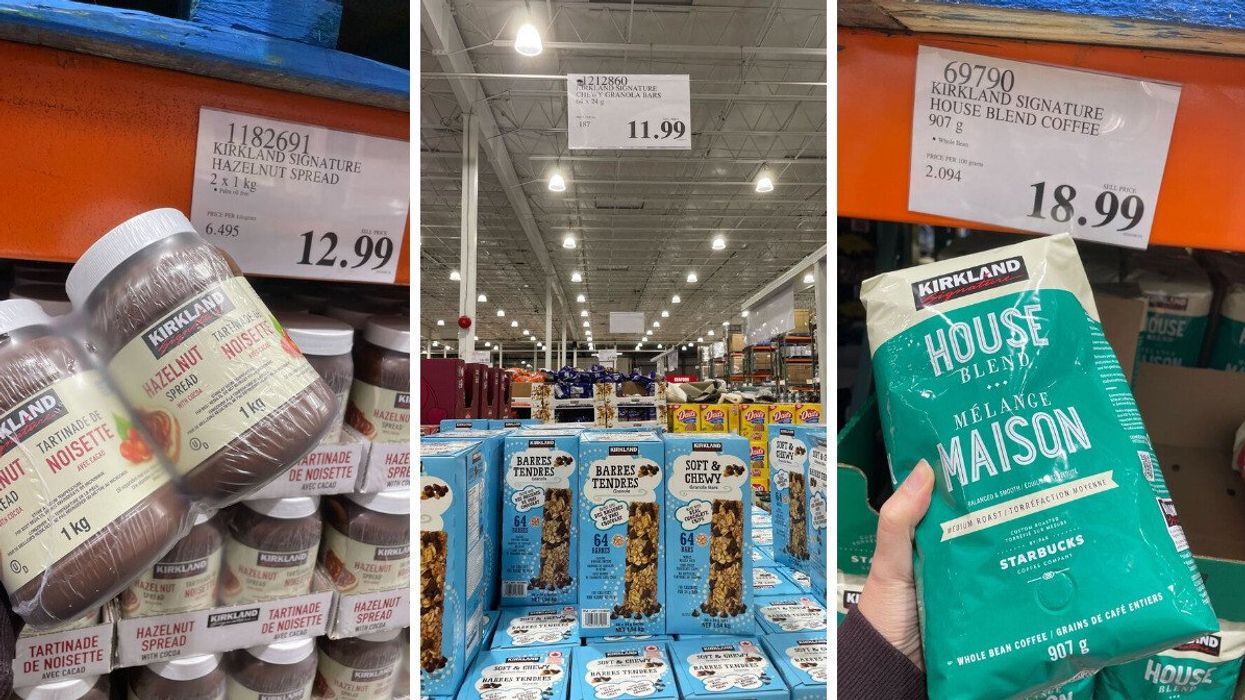 Kirkland hazelnut spread. Centre: Kirkland granola bars. Right: Kirkland coffee.