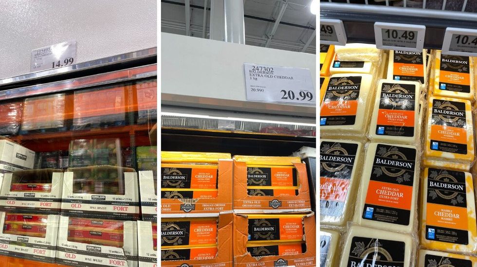 kirkland signature and balderson cheese at costco. right: balderson cheese at loblaws