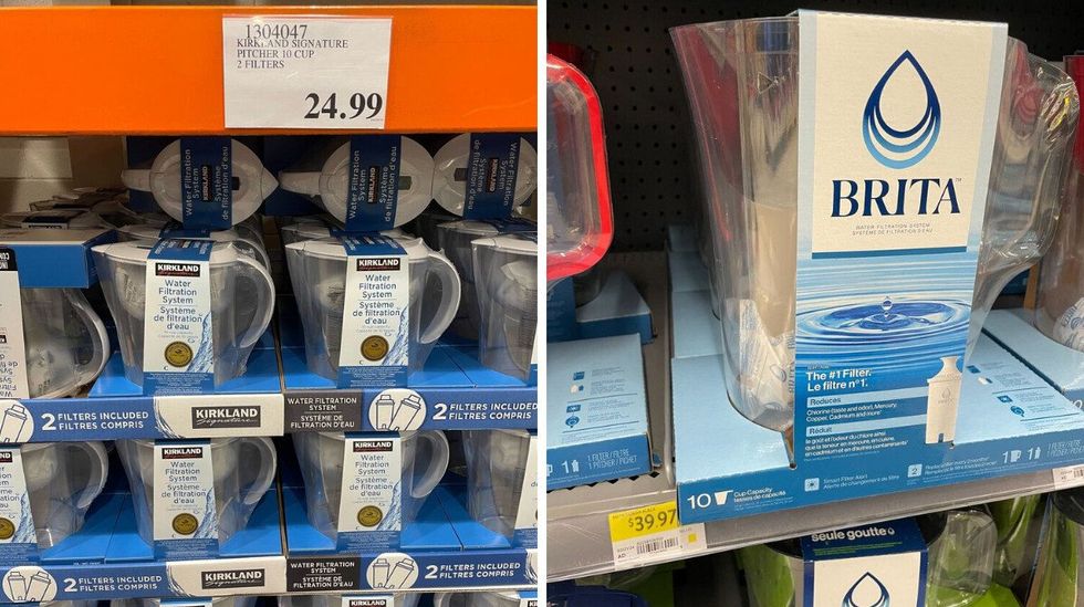 kirkland signature and brita water filtration pitchers on display at stores