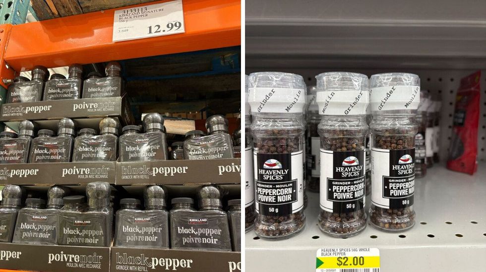 kirkland signature black peppercorns and grinder. right: black peppercorns and grinder at dollarama