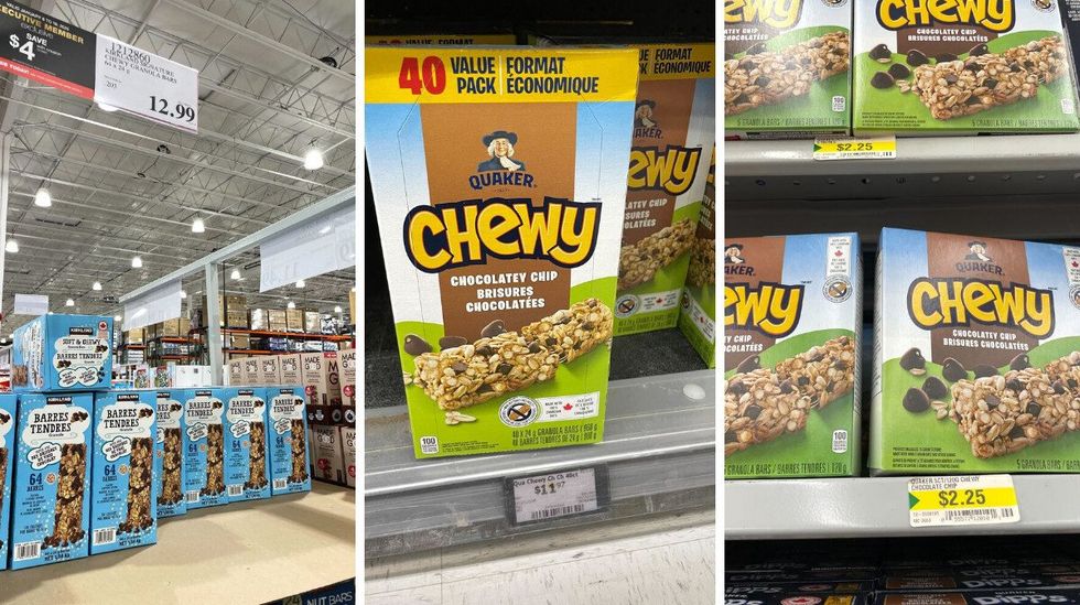 kirkland signature chocolate chip granola bars at costco. centre: chewy granola bars at walmart. right: chewy granola bars at dollarama