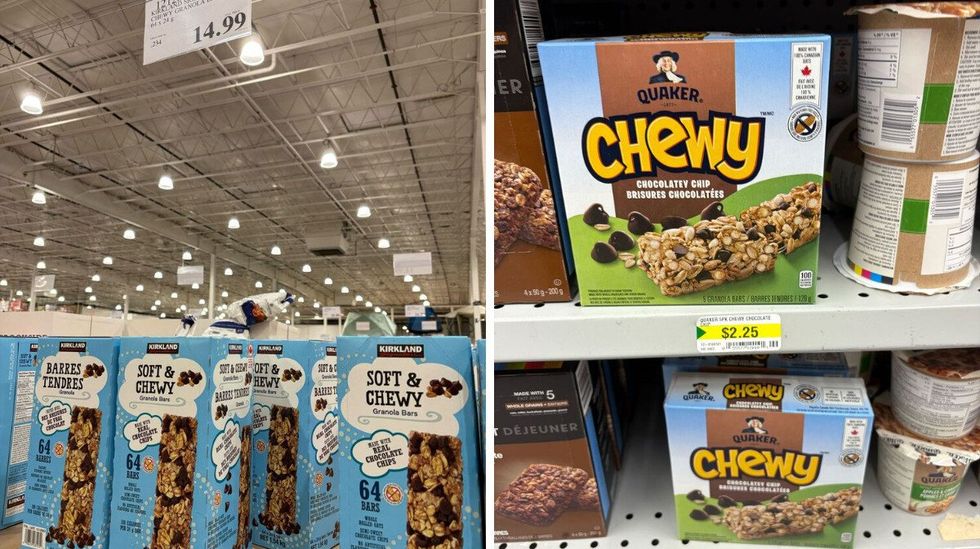 kirkland signature chocolate chip granola bars. right: quaker chewy chocolate chip granola bars at dollarama