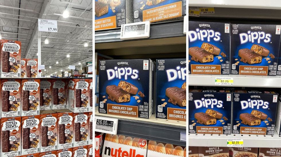 kirkland signature chocolate dipped granola bars at costco. centre: dipps granola bars at loblaws. right: dipps granola bars at dollarama