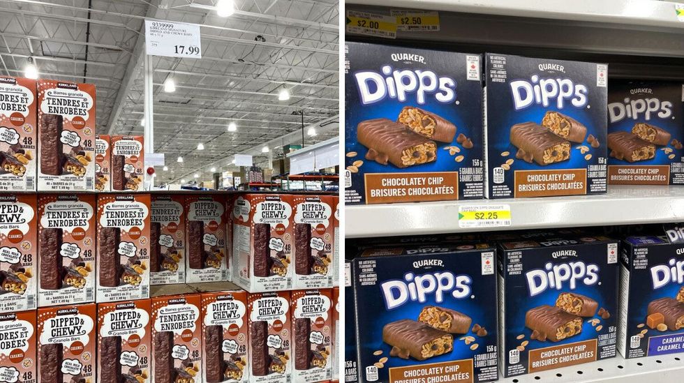 kirkland signature chocolate-dipped granola bars. right: quaker dippers granola bars at dollarama