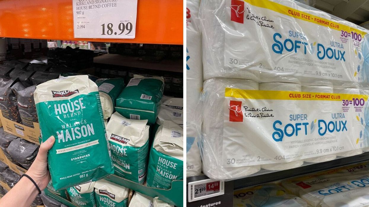 kirkland signature coffee at costco. right: president's choice toilet paper at loblaws