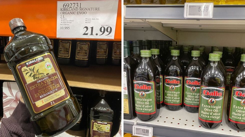 Kirkland Signature extra virgin olive oil. Right: Gallo extra virgin olive oil at Fortinos.
