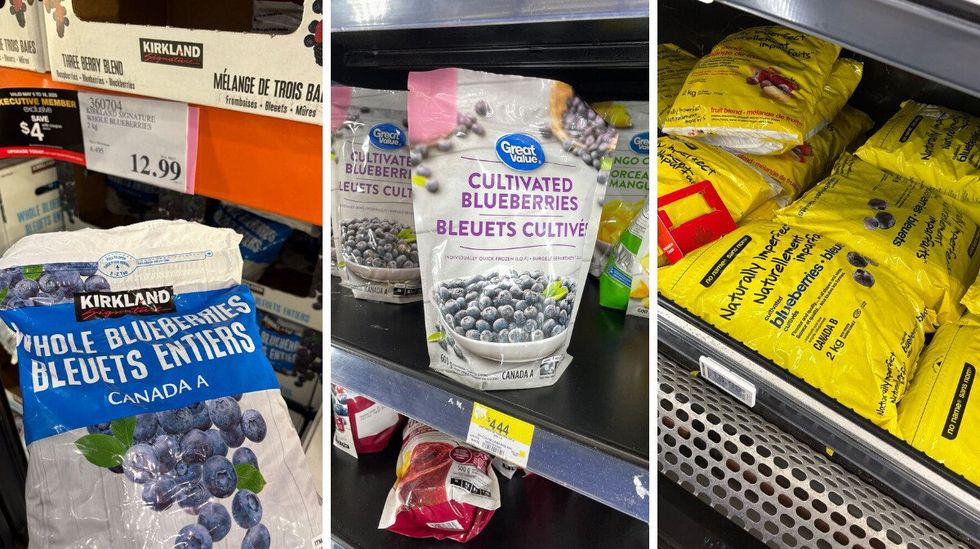 kirkland signature frozen blueberries. centre: great value frozen blueberries. right: no name frozen blueberries