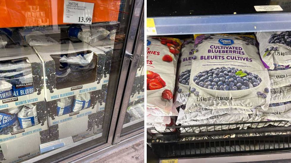 Kirkland Signature frozen blueberries. Right: Great Value frozen blueberries