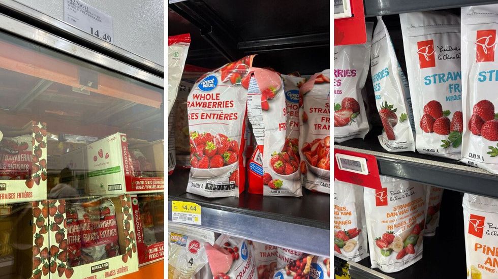 kirkland signature frozen strawberries. centre: great value frozen strawberries. right: president's choice frozen strawberries