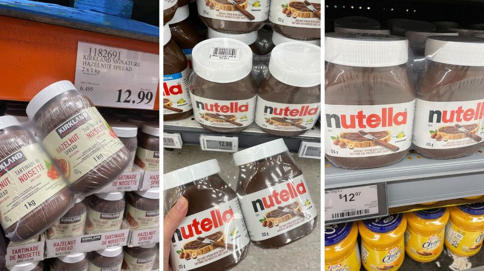 Kirkland Signature hazelnut spread. Centre: Nutella at Fortinos. Right: Nutella at Walmart.
