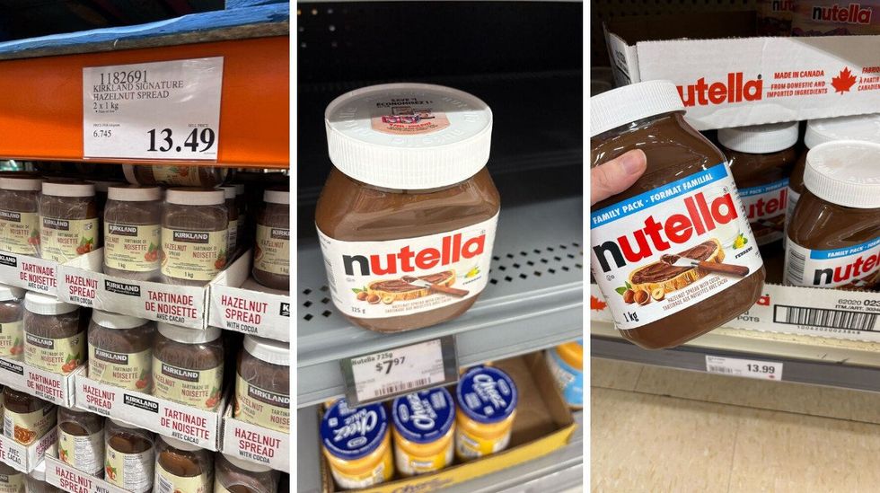 Kirkland Signature hazelnut spread. Centre: Nutella at Walmrat. Right: Nutella at Loblaws