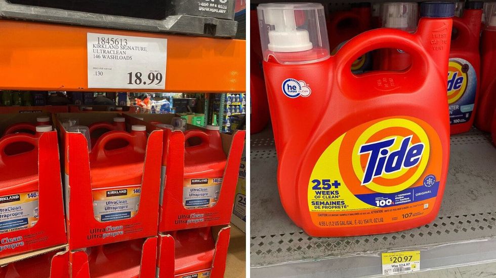 Kirkland Signature laundry detergent at Costco. Right: Tide laundry detergent.