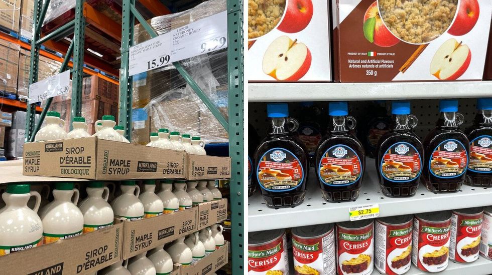 kirkland signature maple syrup bottles at costco. right: jakeman's maple syrup bottles on shelf at dollarama