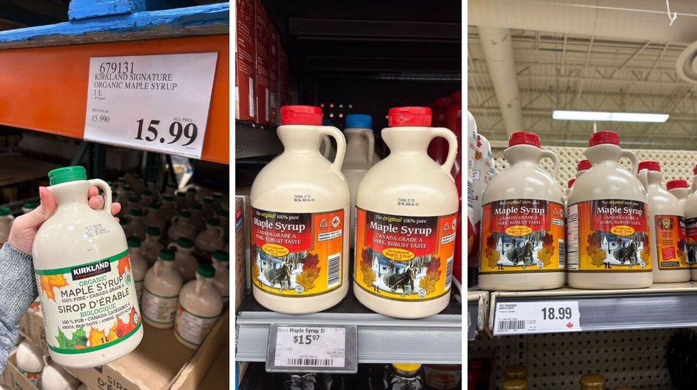 kirkland signature maple syrup bottles. centre: maple crest maple syrup bottles at walmart. right: maple crest maple syrup bottles at loblaws