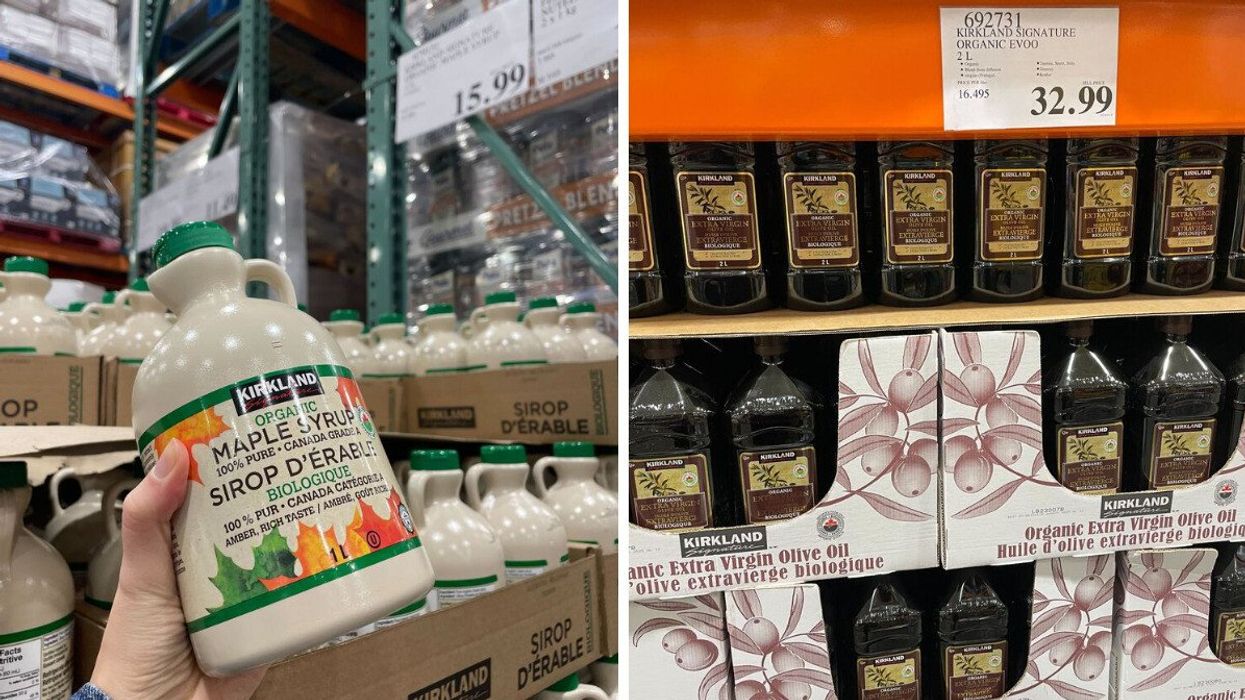 kirkland signature maple syrup. right: costco kirkland olive oil