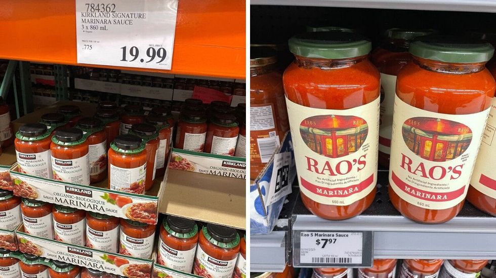 kirkland signature marinara sauce at costco. right: rao's marinara sauce at walmart