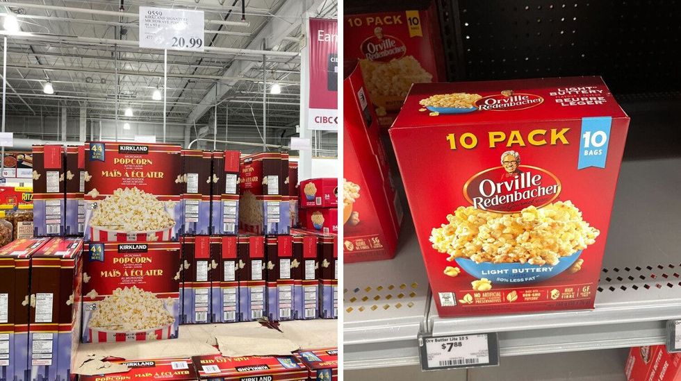 kirkland signature microwave popcorn boxes at costco. right: orville redenbacher popcorn at walmart