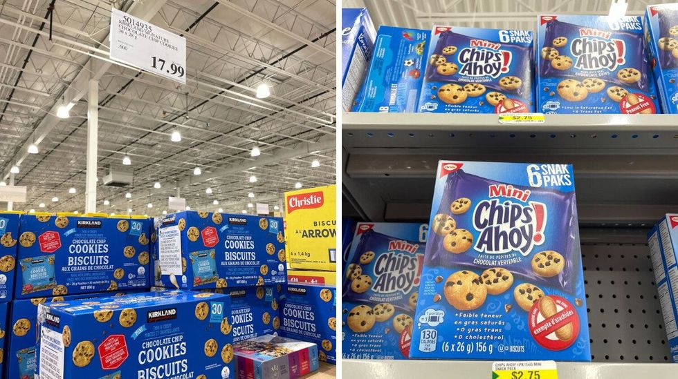 kirkland signature mini chocolate chip cookie boxes at costco. right: boxes of chips ahoy mini chocolate chip cookies at dollarama