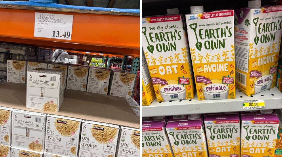 kirkland signature oat beverage. right: earth's own almond beverage at dollarama
