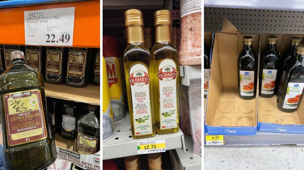 Kirkland Signature olive oil at Costco. Olioarte olive oil at Dollarama. Right: Great Value olive oil at Walmart.