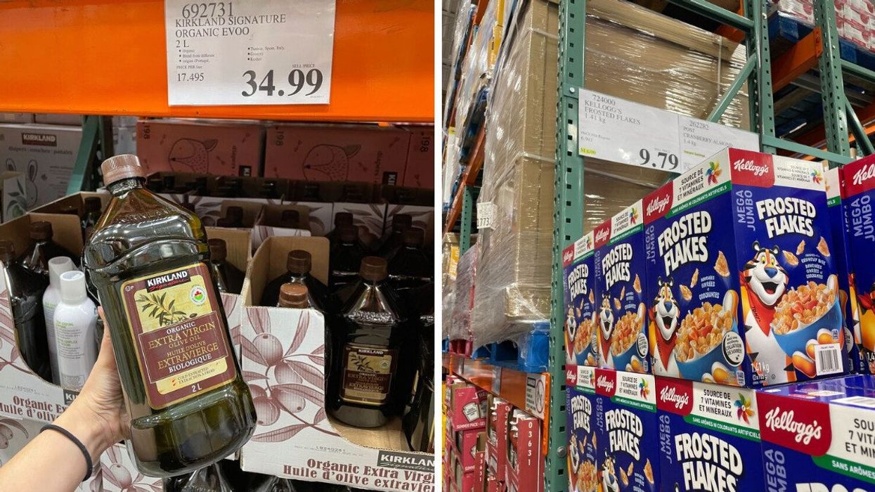 kirkland signature olive oil at costco. right: cereal boxes at costco.