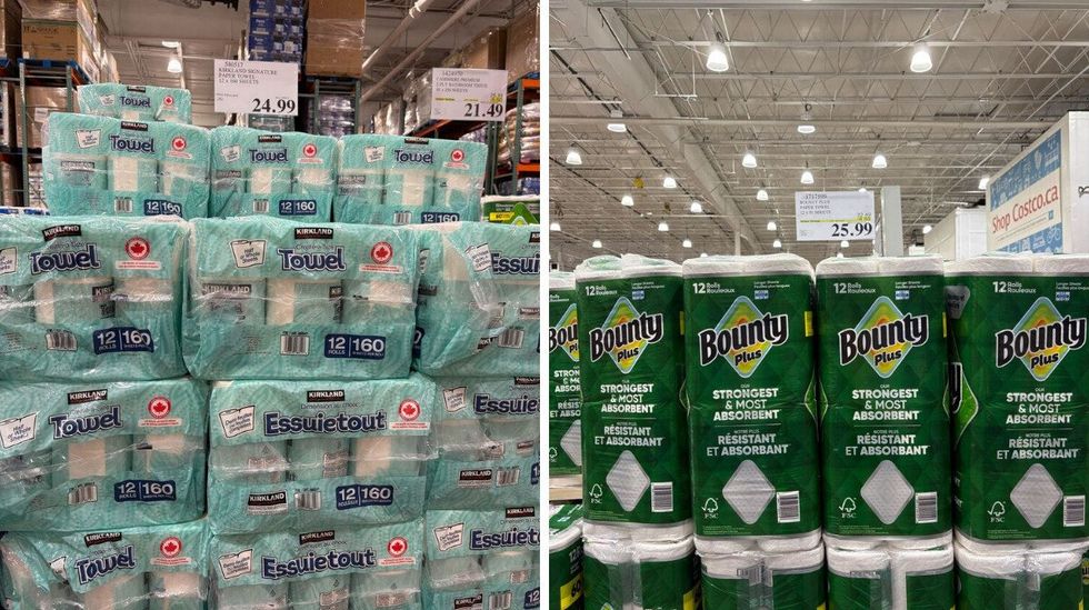 Kirkland Signature paper towels. Right: Bounty paper towels at Costco.