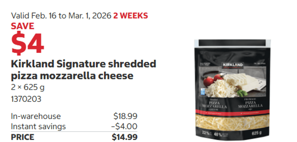 Kirkland Signature shredded pizza mozzarella cheese